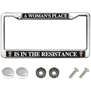 Imagem de Molduras para placa de licença com citação de poder A Woman's Place is in The Resistance Aço inoxidável anti-ferrugem etiqueta 2 furos