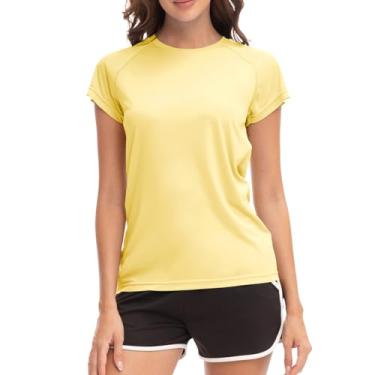 Imagem de MEETWEE Camiseta feminina Rash Guard manga curta secagem rápida FPS 50+ proteção solar UV leve para treino, Amarelo, P