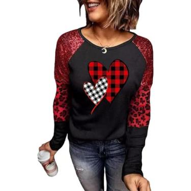 Imagem de Camiseta feminina para o Dia dos Namorados, estampa de leopardo, listrada, manga Raglans, estampa de coração, estampa de búfalo, estampa xadrez, S-preto-4, M