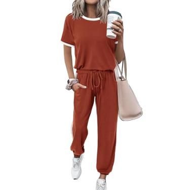 Imagem de MASCOMODA Conjunto feminino de 2 peças de roupa de verão 2024, blusa de manga curta, calça comprida, conjunto de lounge, Vermelho tijolo, XX-Large