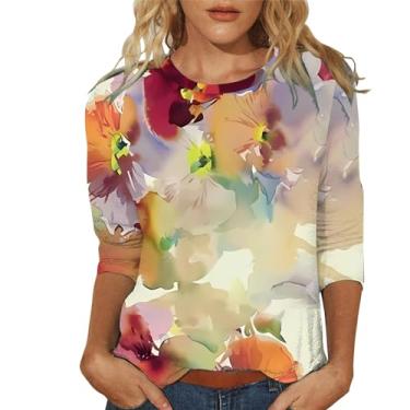 Imagem de Camisetas femininas gola redonda manga 3/4 comprimento blusas soltas túnica casual roupas de férias de verão, 3 - Amarelo, M