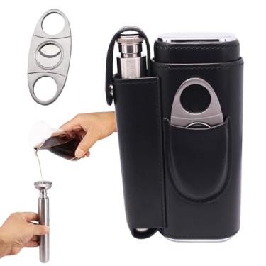 Imagem de Conjunto conveniente de cantis de madeira de cedro forrado com 2 suportes de caixa de charuto preto com frasco e cortador de aço inoxidável de 59 ml