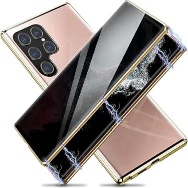 Imagem de HAO RIYLN Capa de vidro temperado para Samsung Galaxy S24 Ultra/S24 Plus/S24, capa de adsorção magnética de liga de alumínio, proteção contra quedas de grau militar, dourada, S24 Ultra