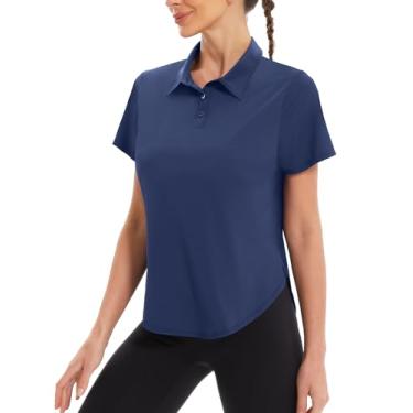 Imagem de addigi Camisa polo feminina de golfe FPS 50+, proteção solar, 3 botões, manga curta, secagem rápida, atlética, tênis, golfe, Azul marinho, G