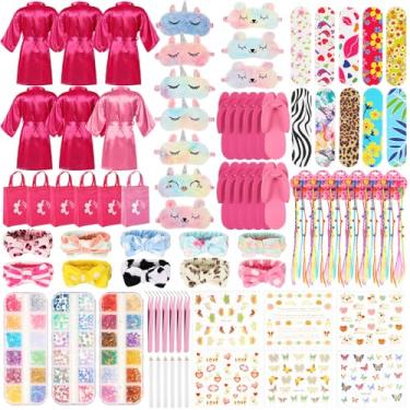 Imagem de Suhine 75 peças suprimentos de festa spa meninas 6 roupão de cetim 6 sacolas, 6 chinelos 6 fitas de spa 6 máscaras de olhos e kit de salão de unhas, Série rosa vermelha, M