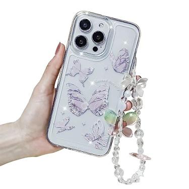 Imagem de Uioeua Capa de borboleta compatível com iPhone 12 Pro Max para amortecedor de silicone macio + placa de acrílico transparente com linda capa de corrente de cristal brilhante de luxo para iPhone 12 Pro