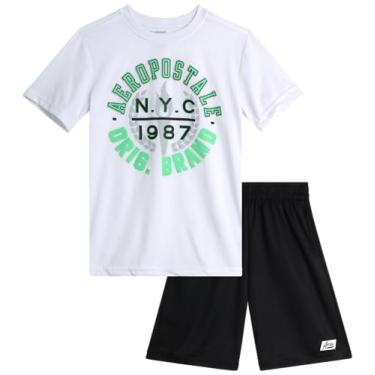 Imagem de AEROPOSTALE Conjunto de shorts esportivos para meninos - camiseta de manga curta e shorts de ginástica de malha - roupa esportiva para meninos (4-12), Branco e preto, 5-6