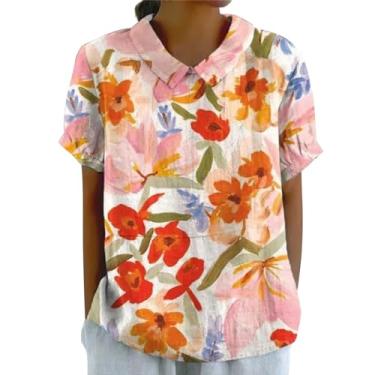 Imagem de Pulôver feminino de linho lapela floral gola redonda botão solto camiseta casual camiseta feminina alta, Laranja, XXG