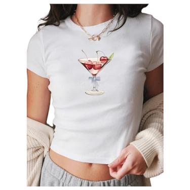 Imagem de Floerns Camisetas femininas de manga curta com gola redonda e estampa gráfica cereja, Branco, M