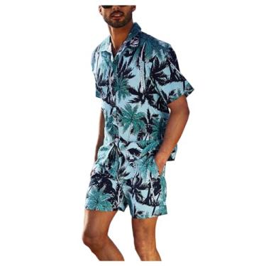 Imagem de Conjunto masculino de manga curta para praia, estampa tropical, secagem rápida, camisa elástica com bolsos, Azul, Medium