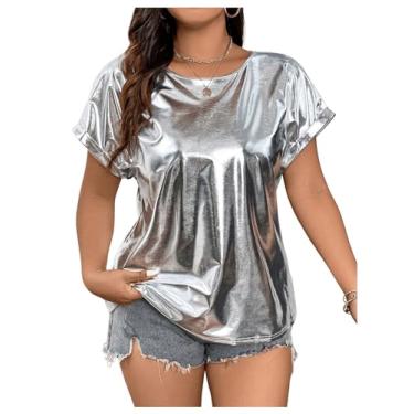 Imagem de OYOANGLE Camisetas femininas plus size metálicas de manga curta com gola redonda, Prata, GG Plus Size