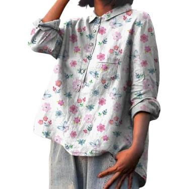 Imagem de Camiseta feminina de linho, estampa de flores, manga comprida, gola lapela, botões, blusa folgada, casual, Branco, P