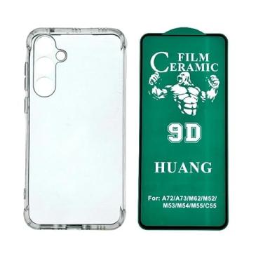 Imagem de Capa Anti Impacto Choque + Película de Ceramica 9d, silicone transparente clear com bordas reforçadas e flexível com efeito cristal Compátivel com Samsung Galaxy M55