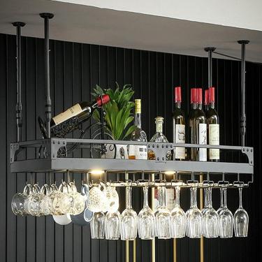Imagem de Rack de vinho suspenso leve e luxuoso com 2 luzes, rack de vinho de bar ajustável com suporte de vidro e prateleira, suporte de garrafa de ferro montado no teto, preto, 100x35cm
