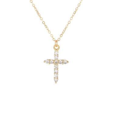 Imagem de coadipress Colar feminino banhado a ouro 14 K com cruz de zircônia cúbica com pingente de fé e cruz delicada, colar de crucifixo moderno, colar religioso, fé cristã, joia, Banhado a ouro 14K, Zircônia