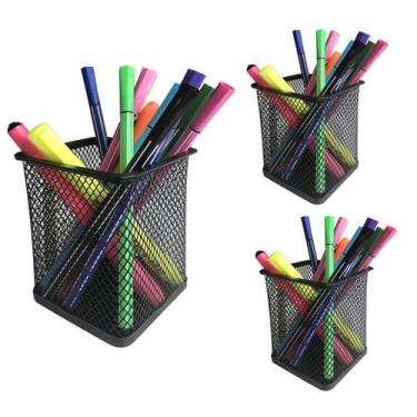 Imagem de Kit 3 Porta Caneta Lápis Pincel Aramado Quadrado Metal Preto - Art Hou