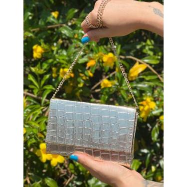 Imagem de Bolsa Elegante Quadrada Croco Dourado Metalizado Tiracolo Barato Alça 