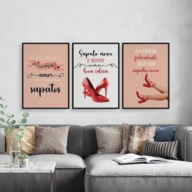 Imagem de Kit 3 Quadros Frases Sapatos 24x18cm - Quadros On-line, Madeira preta