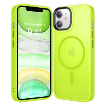 Imagem de CHEZEAL Capa magnética forte para iPhone 11 compatível com Magsafe, [resistente a quedas de 3,5 m] Capa de telefone translúcida fosca para trás, chaves de liga de alumínio à prova de choque, verde