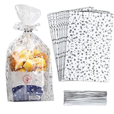 Imagem de COQOFA 100 peças com estampa de estrela, 20 x 30 cm, sacos de presente para celofane e celofane, sacos transparentes para biscoitos de doces, sacos de plástico para armazenamento de guloseimas com
