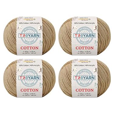 Imagem de Troyarn Algodão (pacote com 4 novelos) 60% algodão 40% fio de acrílico, macio, fino/esportivo (2) para crochê e tricô 50 g / 165 m (10324 - Camel)