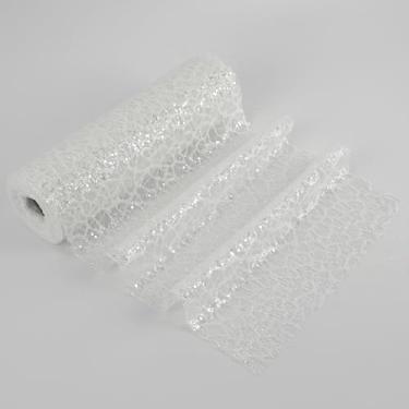 Imagem de MEEDEE Fita de malha branca com glitter, 25 cm de largura por 10 metros, rolo de tecido branco, fita de malha decorativa para árvore de Natal, guirlanda, grinaldas, laços, artesanato de férias