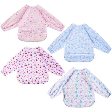 Imagem de CUXFLS Babadores de bebê de manga comprida à prova de bagunça para crianças, babadores de alimentação à prova d'água macios para bebês aventais, 4 pacotes, Colorido