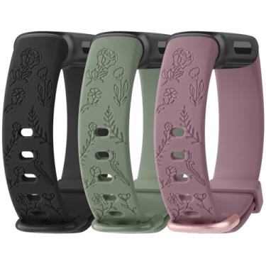 Imagem de Meliya Pulseira de substituição para Fitbit Inspire 3 para mulheres e homens, pulseiras de silicone com gravação floral para Fitbit Inspire 3 Fitness Tracker (preto + verde + violeta fumo)