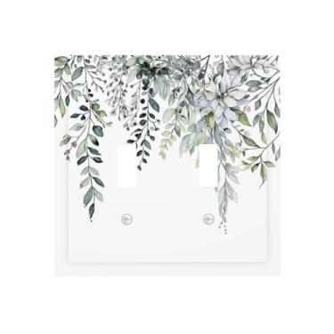 Imagem de Spshian Placa decorativa de cobertura para interruptor de luz rústica verde sálvia branca folhas de eucalipto placa de parede 2 gangues placa de parede grande duplo alternador dois interruptores placa