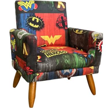 Imagem de Poltrona Infantil Decorativa Confortável Para Quarto Suede Com Estampa Heróis Pés Castanhos