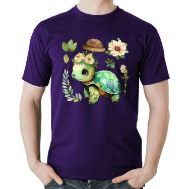 Imagem de Camiseta Algodão Tartaruga, flores e chapéu - Foca na Moda, Roxo, G