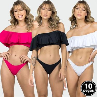 Imagem de Kit 10 Biquínis Vekyo Ciganinha Ombro a Ombro Lycra Liso, Sortido, Mul