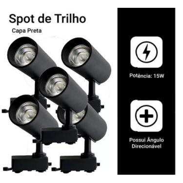 Imagem de Kit 5 Luminária Preto Trilho Spot Led 15W 3500K Branco Quente - AAAtop