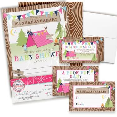 Imagem de Convites de chá de bebê para meninas – Conjunto de convites de chá de bebê para acampamento com ingressos de sorteio de fraldas, cartões de solicitação de livro e envelopes. Conjunto de 20 conjuntos