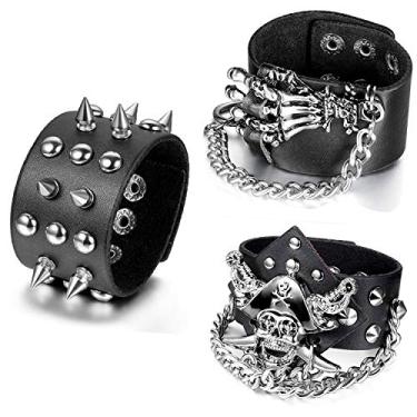 Imagem de Pulseira Aroncent unissex de 3 peças, preto, com pontas de metal, punk rock, motoqueiro, pulseira de couro de alça larga, pulseira de corrente ajustável (Pulseiras Punk mais duráveis)