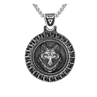 Imagem de Colar masculino com pingente de cabeça de lobo viking nórdico com corrente de 59,9 cm, aço inoxidável, vintage, totem de lobo celta, amuleto, Aço inoxidável, Sem Pedra Preciosa