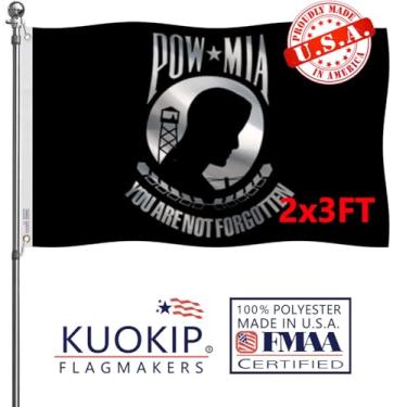Imagem de Bandeira dupla face Pow Mia 3x5 feita nos EUA para uso ao ar livre 3 camadas poliéster preto POW bandeiras com fita inicial branca e 2 ilhós de latão