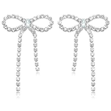 Imagem de Nanafast Brincos de laço de strass, brincos longos pendurados com pingente de borla para mulheres, meninas, casamentos, noivas, festas, bailes, presentes para aniversário, dia das mães, Natal, Zinco,