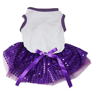 Imagem de Petitebella Vestidos para cachorros tutu com lantejoulas simples (branco/roxo, pequeno)