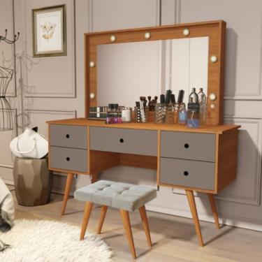 Imagem de Penteadeira Camarim Com Banqueta Com Led Espelho Resistente Moderna Decorativa Madeira MDF Maquiagem (Cinza/Nature)