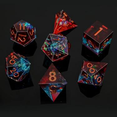 Imagem de DND Dice Set Sharp Edge Dice Set 7 Piece DND polyhedral Dice Numbers with Gold Leaf Exquisite Tin Box Packaging,Ideal for Dungeons & Dragons RPG and Board Games (Red and Blue)