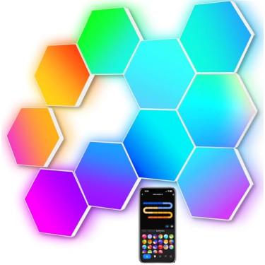 Imagem de Amailtom luzes led hexagonais grandes para quarto, luzes de parede led para jogos em casa inteligente, decoração de sala de jogos rgb-ic, trabalho com alexa google assistant, controle de voz