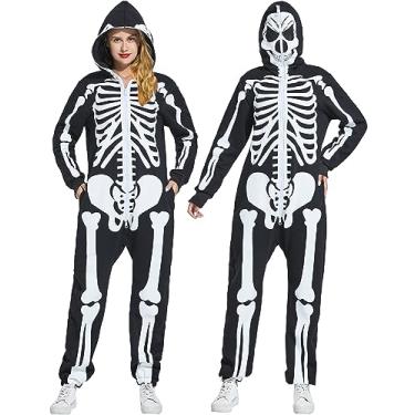 Imagem de Watato Fantasia de esqueleto feminino macacão adulto para fantasia assustadora de Halloween, terno estampado na frente e nas costas capuz máscara com zíper M