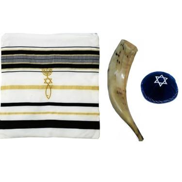 Imagem de Talit Messiânico Azul + Shofar + Kipá + Original De Israel