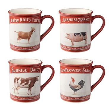 Imagem de Certified International Canecas de 473 ml, conjunto de 4, desenhos de animais de fazenda com detalhes vermelhos e tipografia vintage, durável e rústico, perfeito para café, chá, sopas e cozinhas