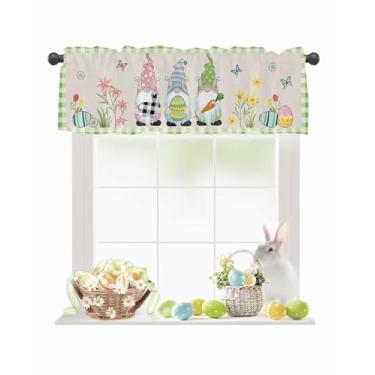 Imagem de Cortina de sanefa de páscoa para janelas Kithchen, ovos de páscoa, gnomos, verde búfalo, xadrez, textura vintage, saia para varão, para quarto, sala de estar, banheiro, 106 x 30 cm