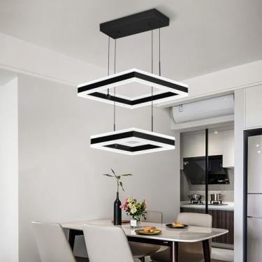 Imagem de FDPBY Lustre Preto Moderno, Lustre De Teto Para Hall De Entrada, 65 W, Luz Pendente Led Regulável, Luminária Para Sala De Jantar, 2 Anéis, Lustre Quadrado Para Ilha De Cozinha, Sala De Estar, Quarto