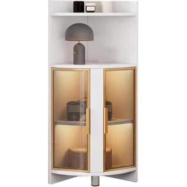 Imagem de Vitrine de vidro com canto curvado curioso para espaços pequenos, suporte de estante de livros de 119 cm com porta de vidro temperado, barra de luz LED e caixa de bebidas, branco + dourado