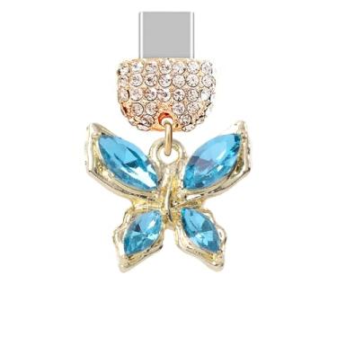 Imagem de ELISE & FONDA TP522 Tipo-C porta de carregamento cristal antipoeira pingente de celular pequena borboleta para iPhone 15/16/Samsung/OnePlus/Xiaomi/oppo telefones Android (azul), approx. 1.8 cm (L) x