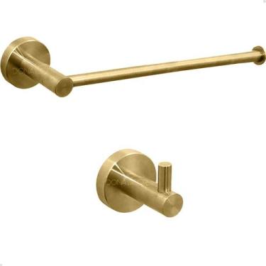 Imagem de Kit Toalheiro Dourado Escovado Porta Toalha De Rosto Mãos Reto E Cabid